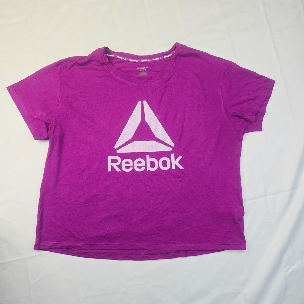 Reebok Women's Large Graphic Logo T-Shirt Purple Short Sleeve Activewear Top Q77